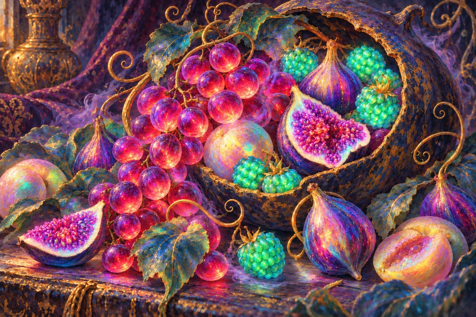 Enchanted fruit glowing in ruby, violet, turquoise and emerald inside a gold-veined hollow gourd.