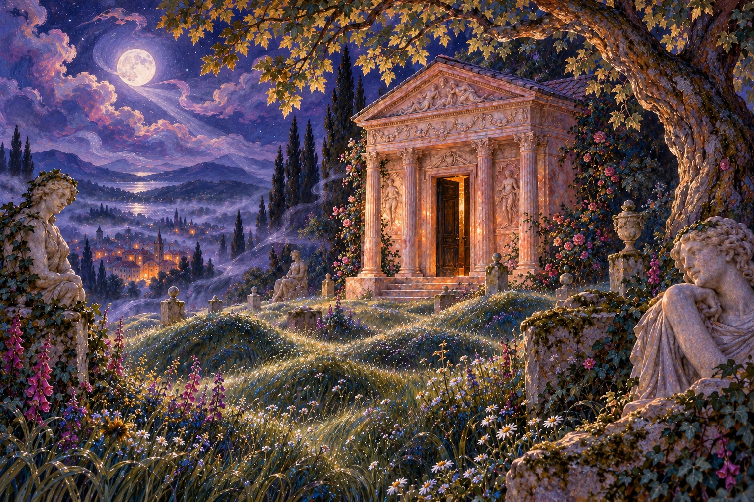 The rose-marble Chanticleer chapel with its door ajar, pale statues and dew-covered graves beneath a sycamore in moonlight.