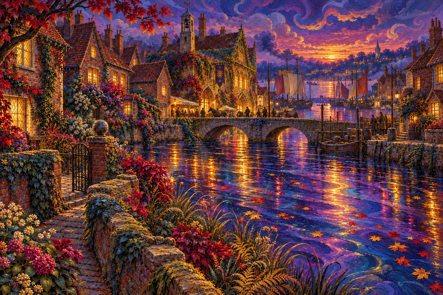 The Dapple reflecting violet dusk and amber windows beside Lud’s red-brick houses, a stone bridge and distant merchant sails.