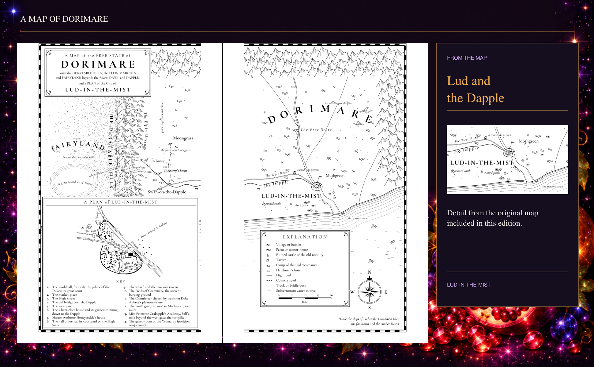 Map of Dorimare, with Fairyland to the west and Lud-in-the-Mist beside the Dapple, plus a street plan of the town