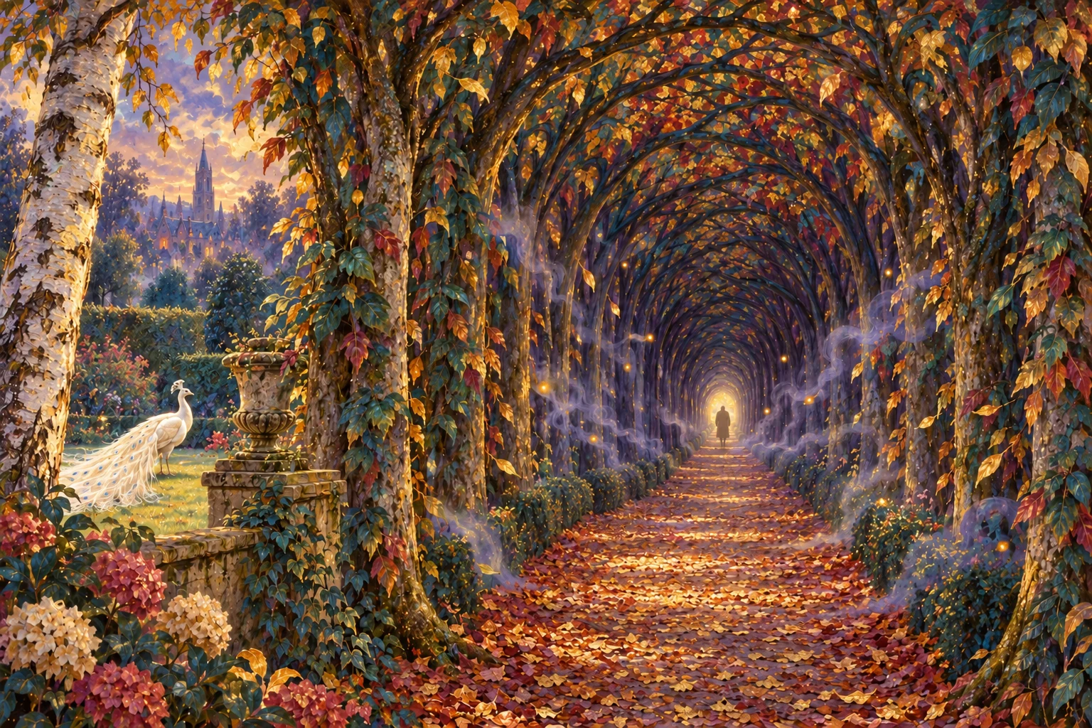 A small indistinct figure stands far down a glowing tunnel of hornbeams; a white peacock remains near the garden entrance.